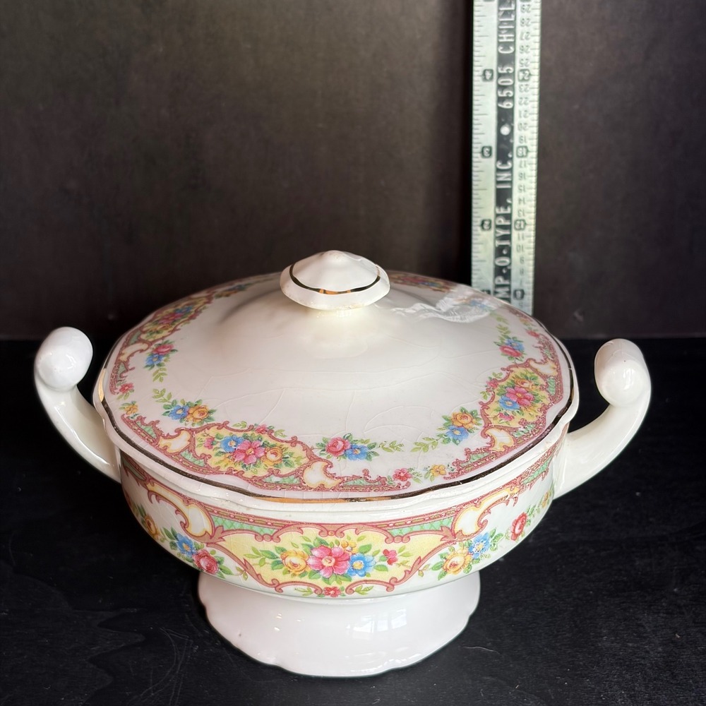 Antique Floral Porcelain Lidded Sugar Bowl Gold Gilt Trim Footed Tea Server